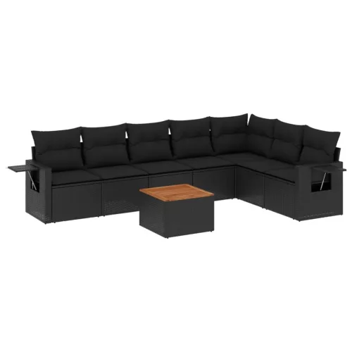  8 részes fekete polyrattan kerti ülőgarnitúra párnákkal