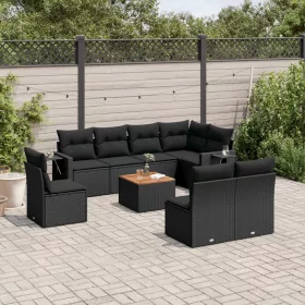    9 részes fekete polyrattan kerti ülőgarnitúra párnákkal
