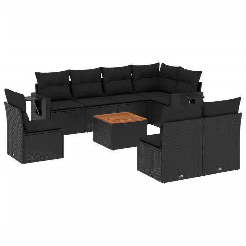  9 részes fekete polyrattan kerti ülőgarnitúra párnákkal