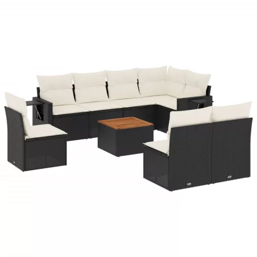  9 részes fekete polyrattan kerti ülőgarnitúra párnákkal