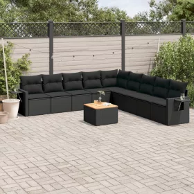    10 részes fekete polyrattan kerti ülőgarnitúra párnákkal