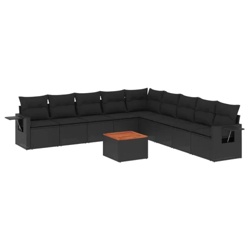  10 részes fekete polyrattan kerti ülőgarnitúra párnákkal