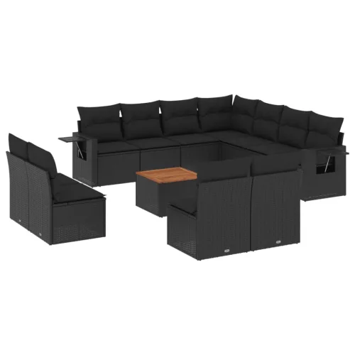  12 részes fekete polyrattan kerti ülőgarnitúra párnákkal