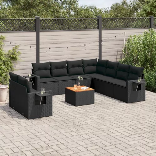  10 részes fekete polyrattan kerti ülőgarnitúra párnákkal