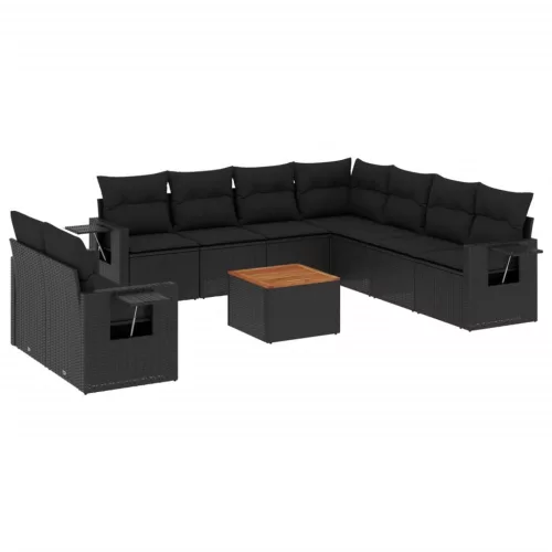  10 részes fekete polyrattan kerti ülőgarnitúra párnákkal