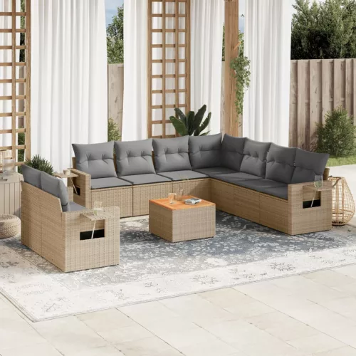  10 részes bézs polyrattan kerti ülőgarnitúra párnával