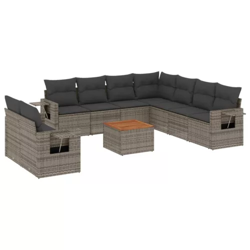  10 részes szürke polyrattan kerti ülőgarnitúra párnákkal