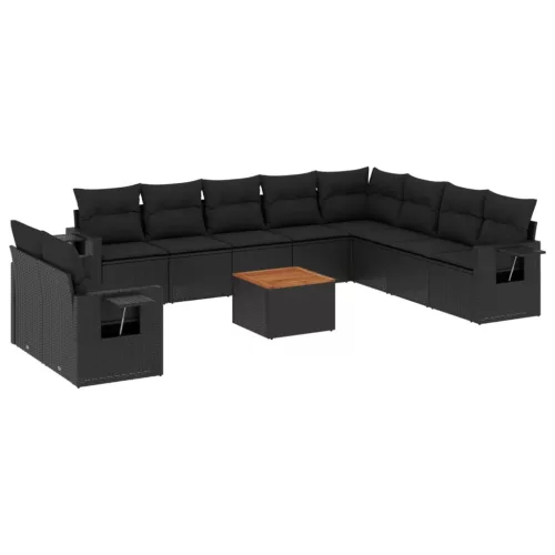  11 részes fekete polyrattan kerti ülőgarnitúra párnákkal