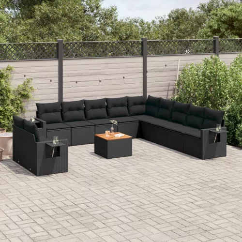  12 részes fekete polyrattan kerti ülőgarnitúra párnákkal