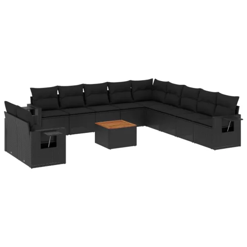  12 részes fekete polyrattan kerti ülőgarnitúra párnákkal