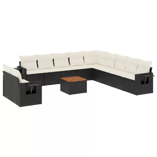  12 részes fekete polyrattan kerti ülőgarnitúra párnákkal
