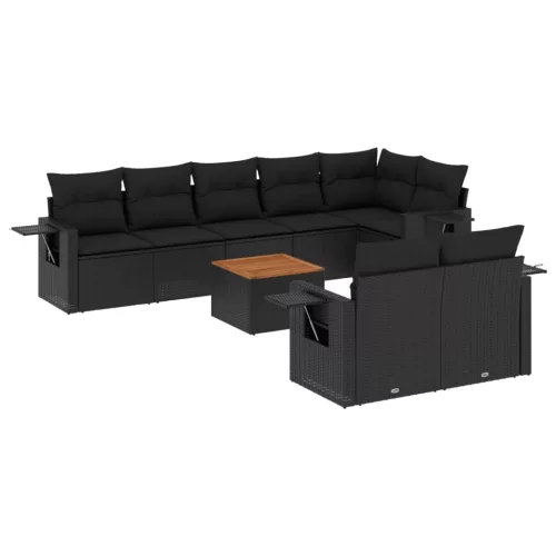  9 részes fekete polyrattan kerti ülőgarnitúra párnákkal