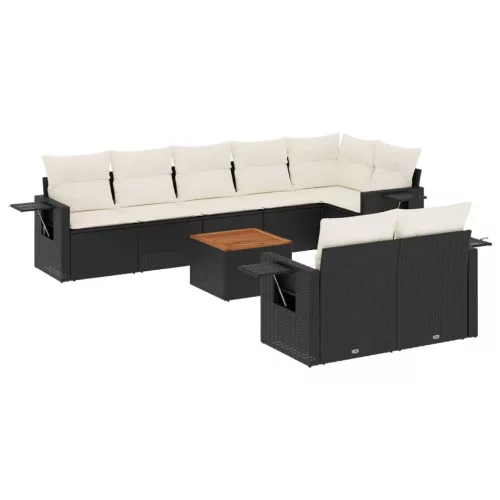  9 részes fekete polyrattan kerti ülőgarnitúra párnákkal