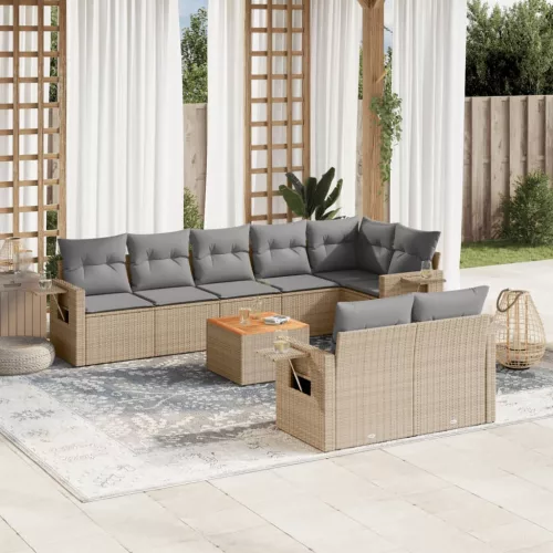  9 részes bézs polyrattan kerti ülőgarnitúra párnákkal