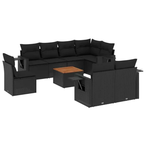  9 részes fekete polyrattan kerti ülőgarnitúra párnákkal