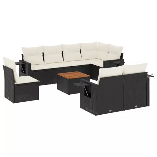  9 részes fekete polyrattan kerti ülőgarnitúra párnákkal