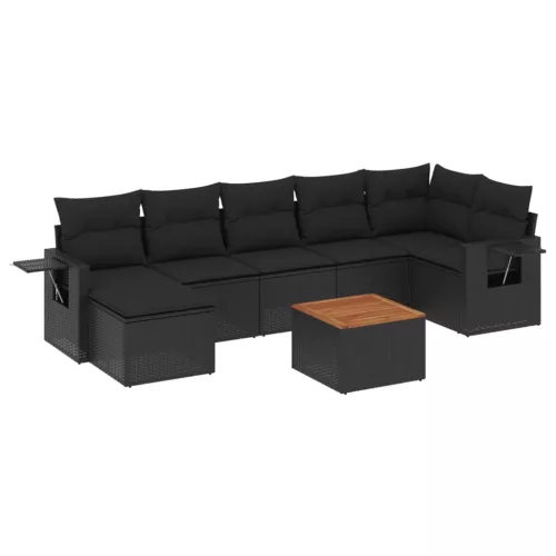  8 részes fekete polyrattan kerti ülőgarnitúra párnákkal