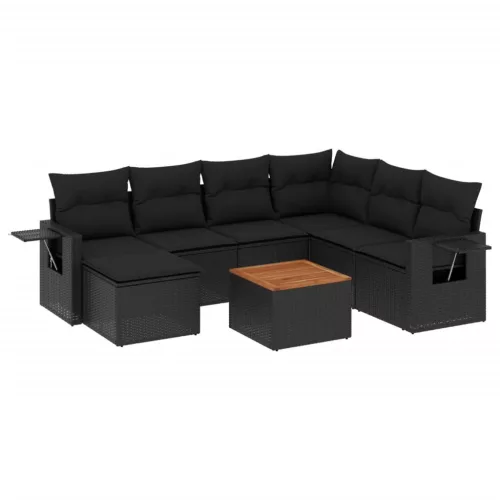  8 részes fekete polyrattan kerti ülőgarnitúra párnákkal