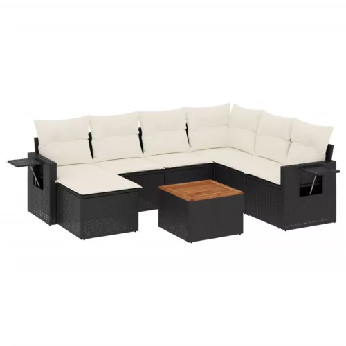  8 részes fekete polyrattan kerti ülőgarnitúra párnákkal