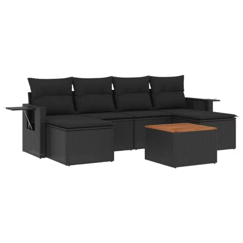 7 részes fekete polyrattan kerti ülőgarnitúra párnával