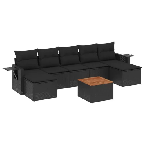  8 részes fekete polyrattan kerti ülőgarnitúra párnákkal