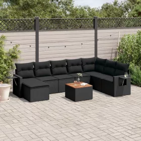    9 részes fekete polyrattan kerti ülőgarnitúra párnákkal