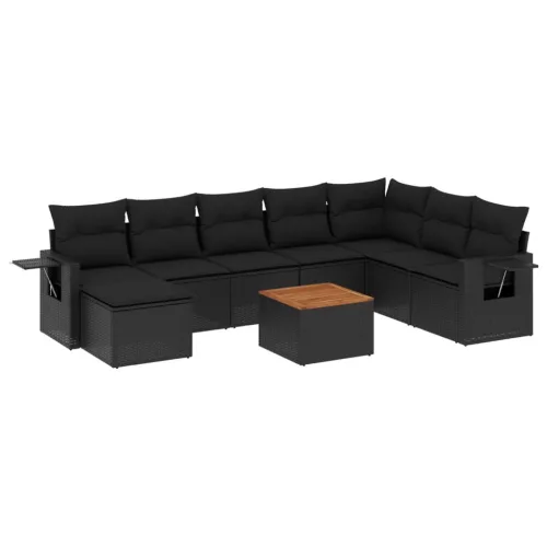  9 részes fekete polyrattan kerti ülőgarnitúra párnákkal