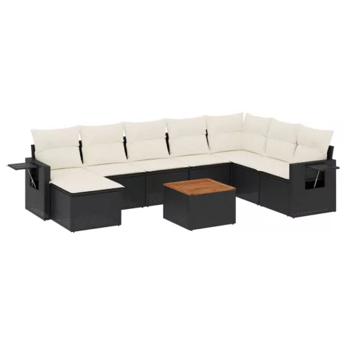  9 részes fekete polyrattan kerti ülőgarnitúra párnákkal