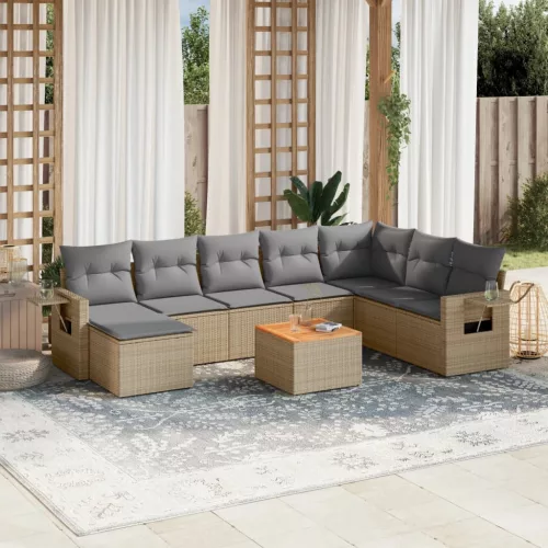  9 részes bézs polyrattan kerti ülőgarnitúra párnákkal