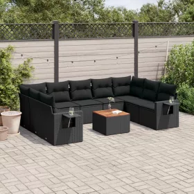    10 részes fekete polyrattan kerti ülőgarnitúra párnákkal