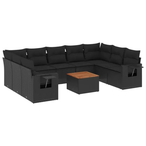  10 részes fekete polyrattan kerti ülőgarnitúra párnákkal