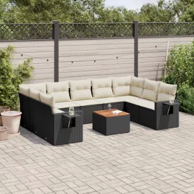    10 részes fekete polyrattan kerti ülőgarnitúra párnákkal