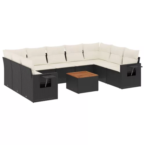  10 részes fekete polyrattan kerti ülőgarnitúra párnákkal