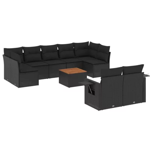  10 részes fekete polyrattan kerti ülőgarnitúra párnákkal