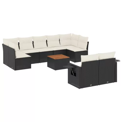  10 részes fekete polyrattan kerti ülőgarnitúra párnákkal