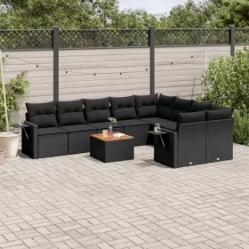    10 részes fekete polyrattan kerti ülőgarnitúra párnákkal