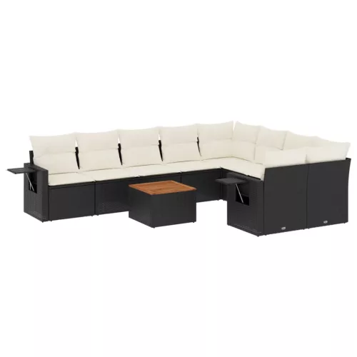  10 részes fekete polyrattan kerti ülőgarnitúra párnákkal