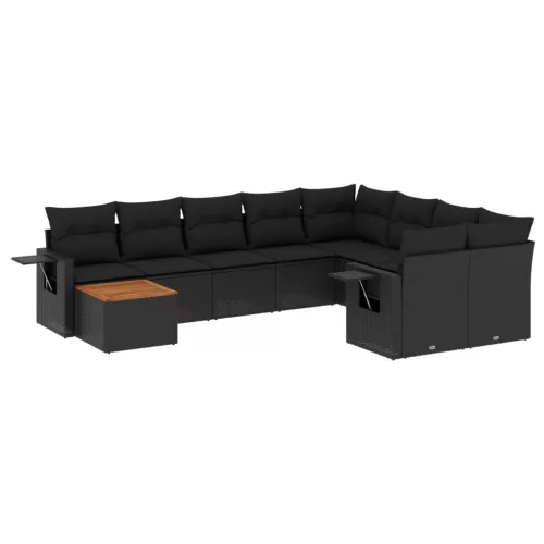  10 részes fekete polyrattan kerti ülőgarnitúra párnákkal