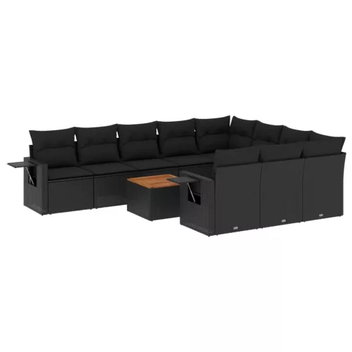  11 részes fekete polyrattan kerti ülőgarnitúra párnákkal