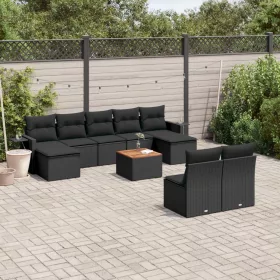    10 részes fekete polyrattan kerti ülőgarnitúra párnákkal