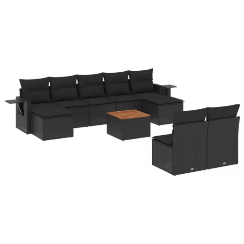  10 részes fekete polyrattan kerti ülőgarnitúra párnákkal