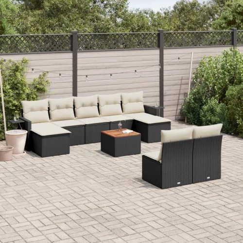  10 részes fekete polyrattan kerti ülőgarnitúra párnákkal