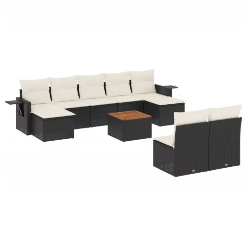  10 részes fekete polyrattan kerti ülőgarnitúra párnákkal