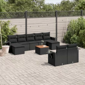    10 részes fekete polyrattan kerti ülőgarnitúra párnákkal