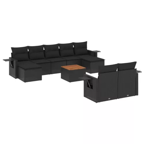  10 részes fekete polyrattan kerti ülőgarnitúra párnákkal
