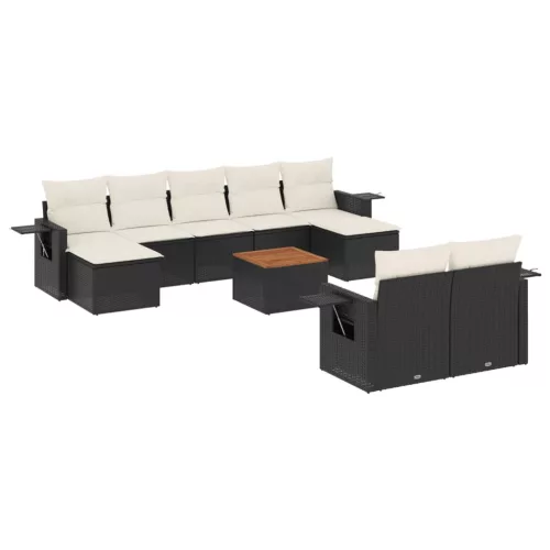  10 részes fekete polyrattan kerti ülőgarnitúra párnákkal