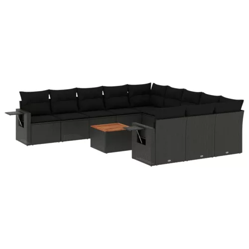  12 részes fekete polyrattan kerti ülőgarnitúra párnákkal