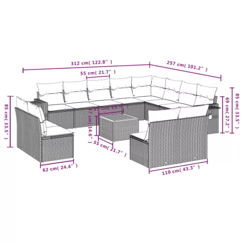  13 részes szürke polyrattan kerti ülőgarnitúra párnákkal