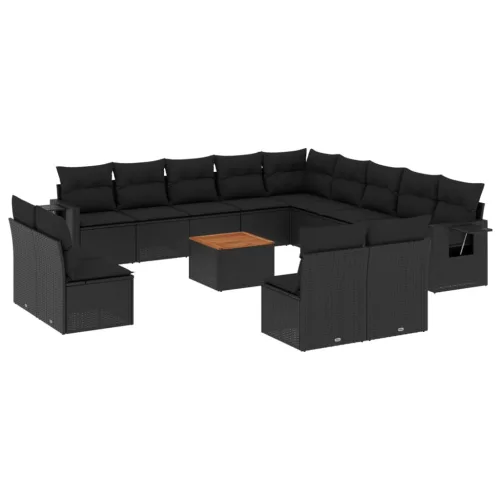  14 részes fekete polyrattan kerti ülőgarnitúra párnákkal