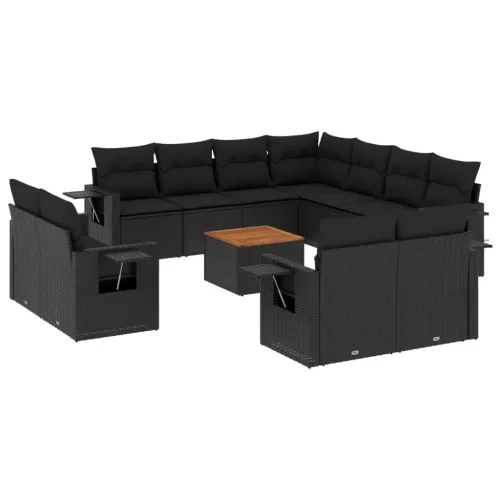  12 részes fekete polyrattan kerti ülőgarnitúra párnákkal